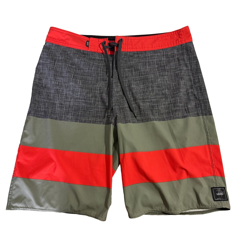 Vans Board Shorts Mens 32 Grey‎ Red Green Striped Colorblock Swim Trunks